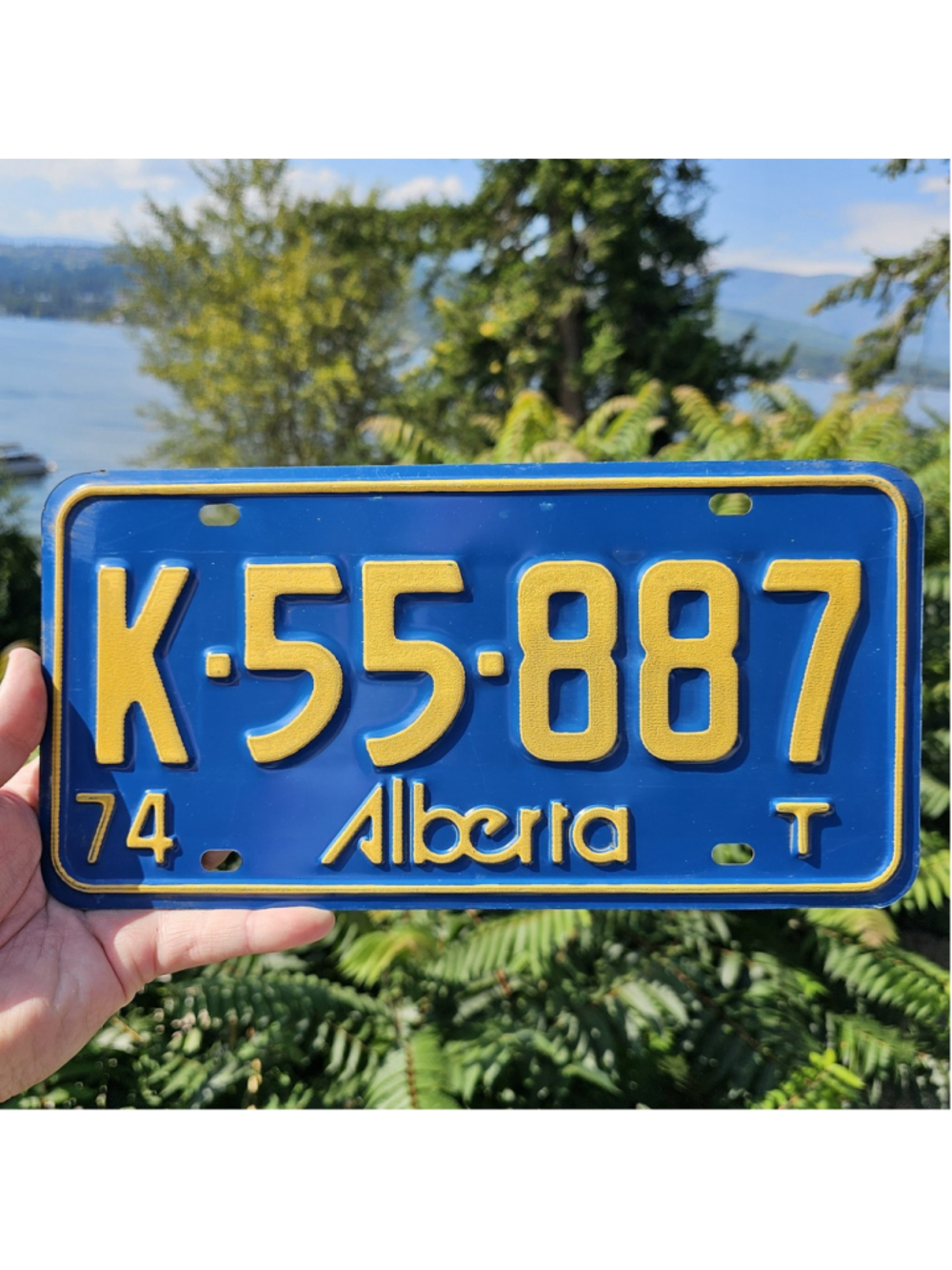 1974 Alberta Trailer License Plate K-55-887 Vintage Blue Yellow Canada